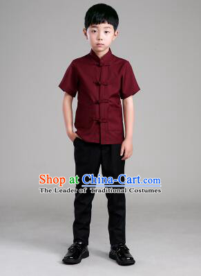 Chinese Traditional Clothes for Children Boy Short Sleeves Tang Suit Show Stage Costume Claret