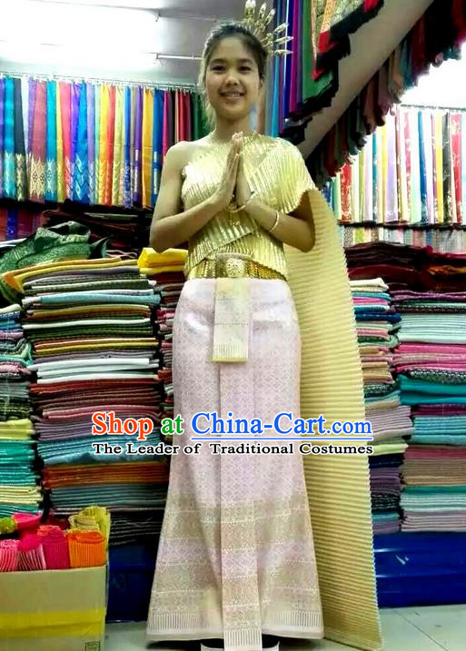 Traditional Asian Thai Wedding Costume Complete Set, Thai Wedding Black Fungus Edge Shawl, Thai Silk Fabrics Suit for Women