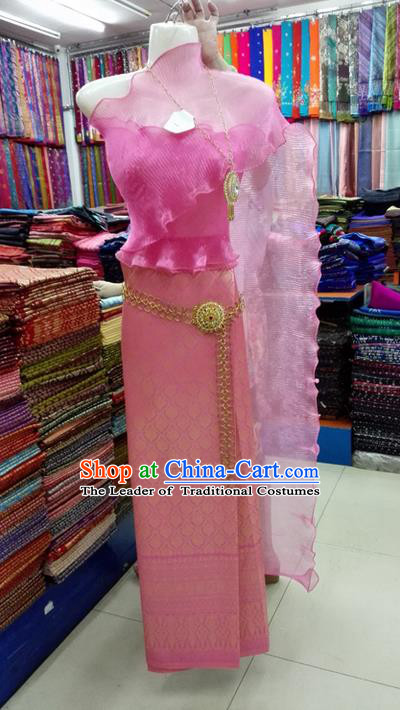 Traditional Asian Thai Palace Princess Wedding Costume Complete Set, Thai Royal Court High Grade Silk Fabrics Shawl Suit for Women