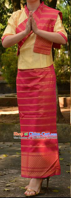 Traditional Asian Thai Costume Complete Set, Thai Waitress High Grade Silk Fabrics Shawl Suit for Women