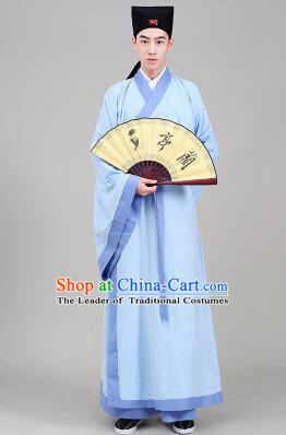 Tang Suit Chinese Traditional Costume Han Fu Garments straight-front Myeonbok Stage Show Dress Blue