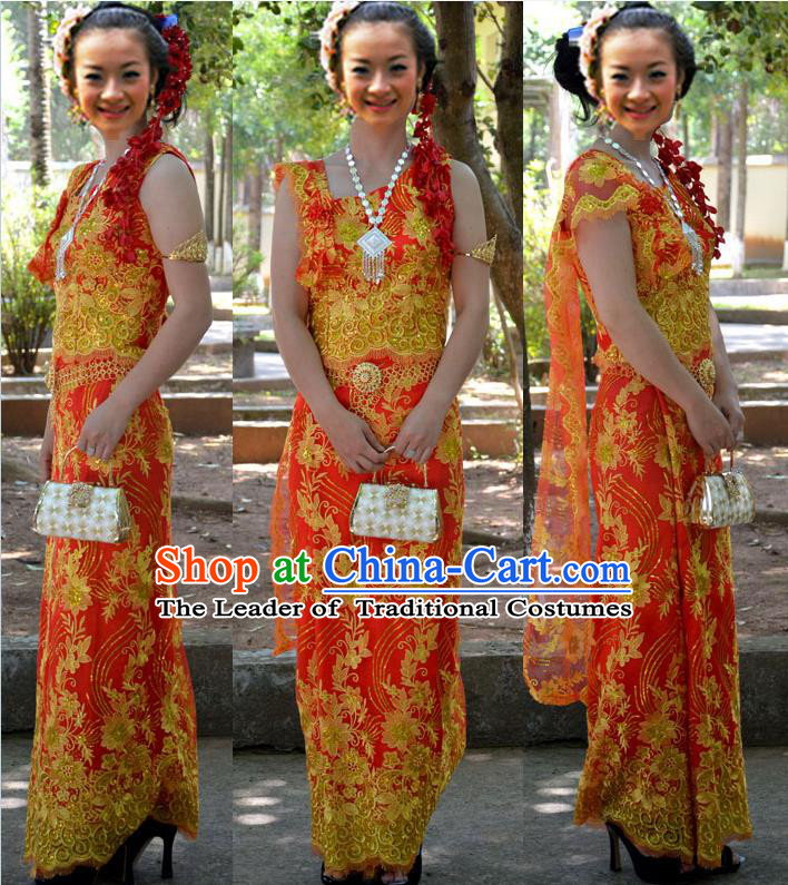 Traditional Asian Thai Palace Princess Wedding Double Gauze Costume Complete Set, Thai Shawl Royal Court Embroidery Clothing for Women