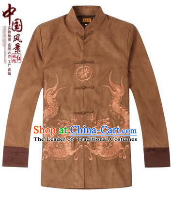 Tang Suit for Men Coat Long Sleeves Chinese Style Dress Traditional Top Chinese Loong Embroidery Ceremonial Full Clothes Brown