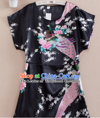 Night Suit for Women Night Gown Bedgown Leisure Wear Home Clothes Chinese Traditional Style Peacock Black