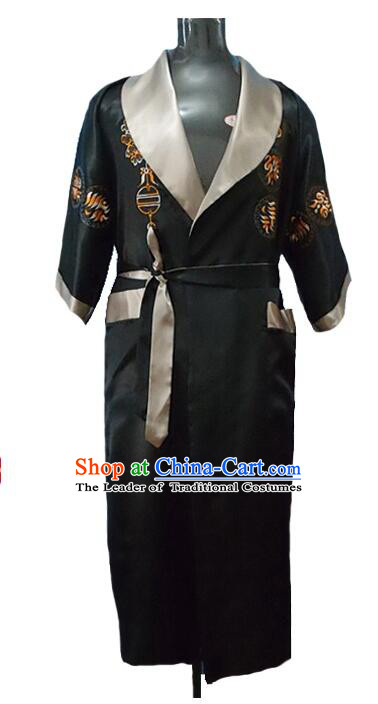 NIght Suit for Men Chinese Loong Dragon Embroidery Reversible Mock Silk Home Gown Black Gray