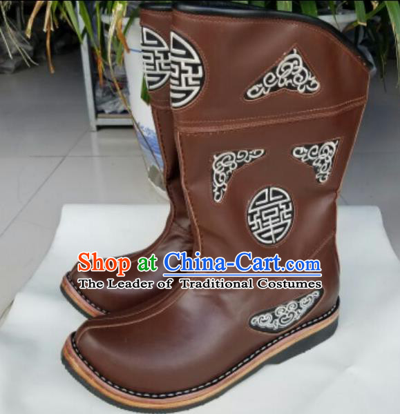 Traditional Chinese Minority Mongol Nationality Ethnic Minorities Mongolian Dance Cowhide Boots Mongolian Knee Boots Jockey Boots Tanks Boots for Men