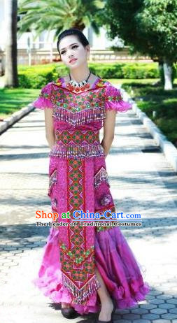 Traditional Chinese Miao Nationality Wedding Costume Set, Hmong Luxury Improved Bride Folk Dance Ethnic Long Skirt, Chinese Minority Nationality Embroidery Costume for Women