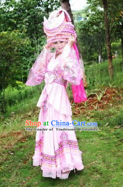 Traditional Chinese Miao Nationality Costume Set, Hmong Luxury Improved Bride Folk Dance Ethnic Long Pink Skirt, Chinese Minority Nationality Embroidery Costume for Women