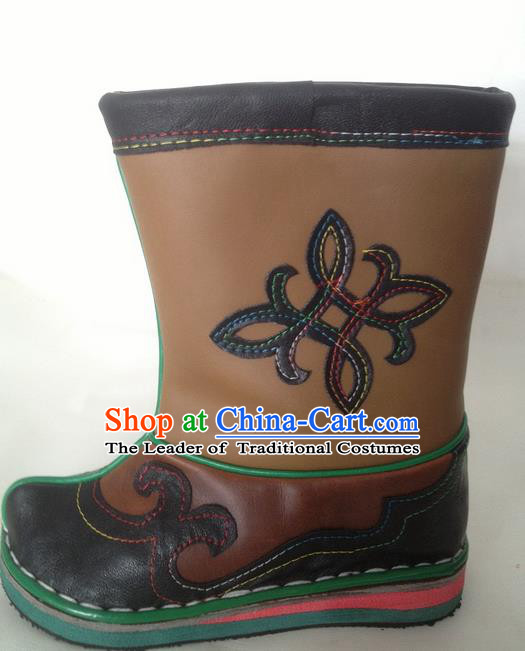Traditional Chinese Minority Mongol Nationality Ethnic Minorities Mongolian Dance Cowhide Boots Mongolian Children Knee Embroidery Boots Jockey Boots Tanks Boots for Kids