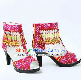 Traditional Chinese Minority Miao Nationality Ethnic Minorities Shoes, Hmong Bride Dance Shoe Wedding Shoes for Women
