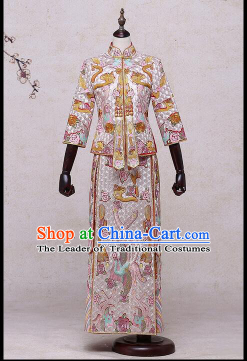 Ancient Chinese Costume Xiuhe Suits Chinese Style Wedding Dress Red Ancient Retro Embroidery Longfeng Dragon And Phoenix Flown Bride Toast Cheongsam For Women