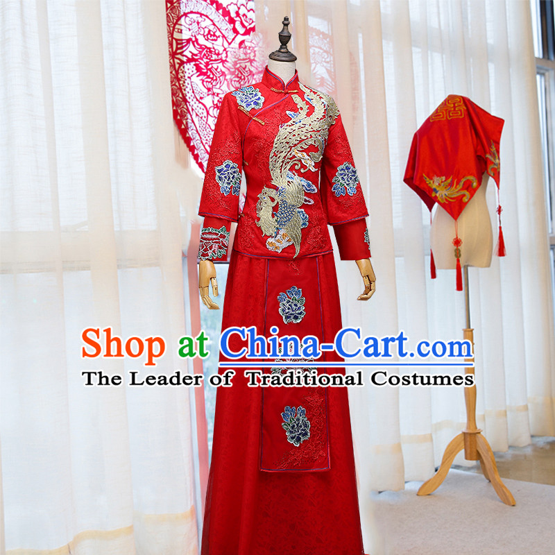 Ancient Chinese Costume Xiuhe Suits Chinese Style Wedding Dress Red Ancient Retro Embroidery Longfeng Dragon And Phoenix Flown Bride Toast Cheongsam For Women