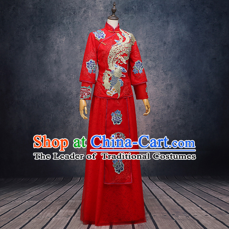 Ancient Chinese Costume Xiuhe Suits Chinese Style Wedding Dress Red Ancient Retro Embroidery Longfeng Dragon And Phoenix Flown Bride Toast Cheongsam For Women