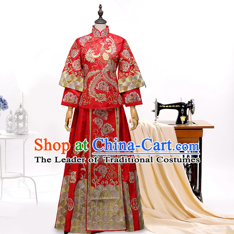 Ancient Chinese Costume, Chinese Style Wedding Dress, Red Ancient Dragon And Phoenix Flown, Bride Toast Clothing For Women