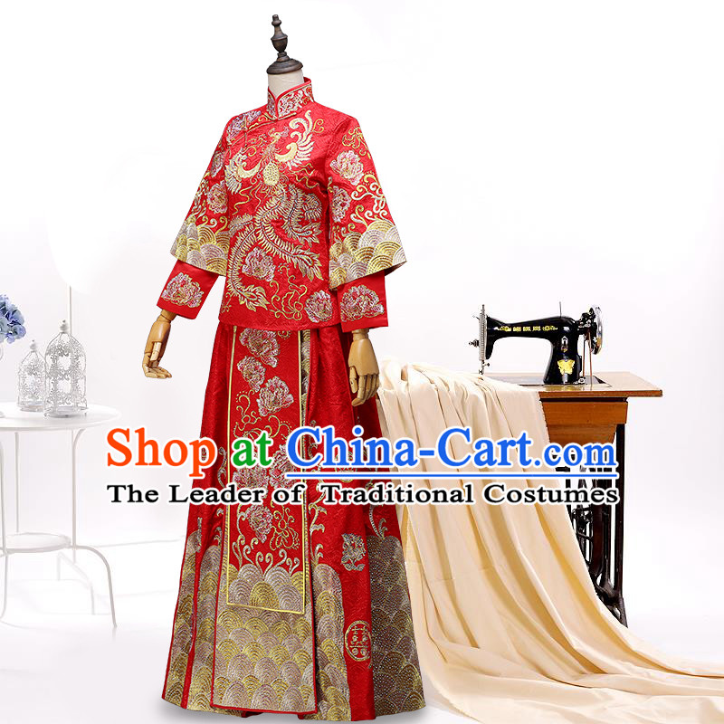 Ancient Chinese Costume Xiuhe Suits Chinese Style Wedding Dress Red Ancient Retro Embroidery Longfeng Dragon And Phoenix Flown Bride Toast Cheongsam For Women