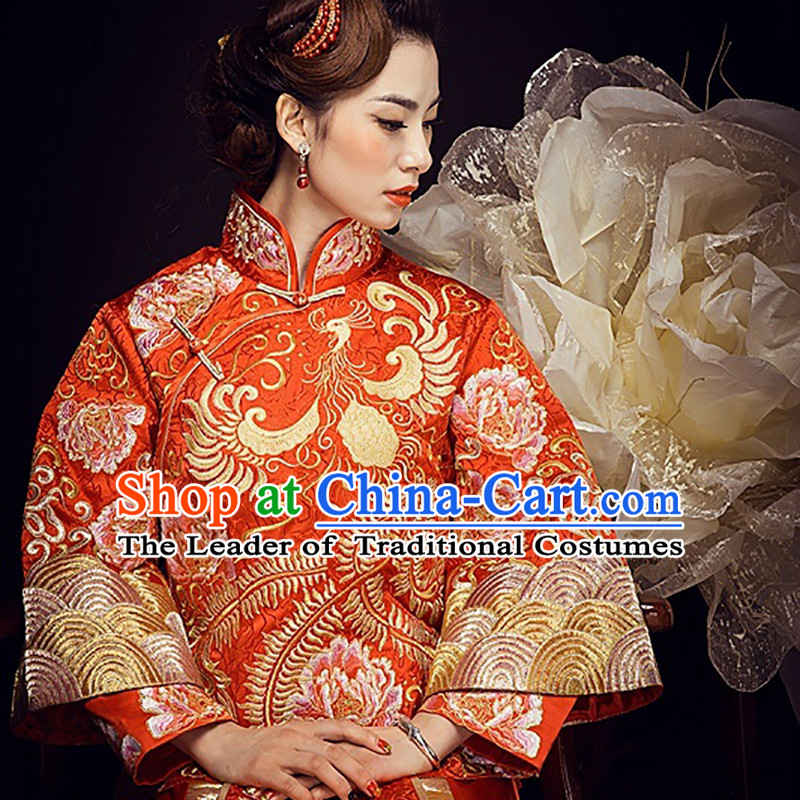 Ancient Chinese Costume Xiuhe Suits Chinese Style Wedding Dress Red Ancient Retro Embroidery Longfeng Dragon And Phoenix Flown Bride Toast Cheongsam For Women