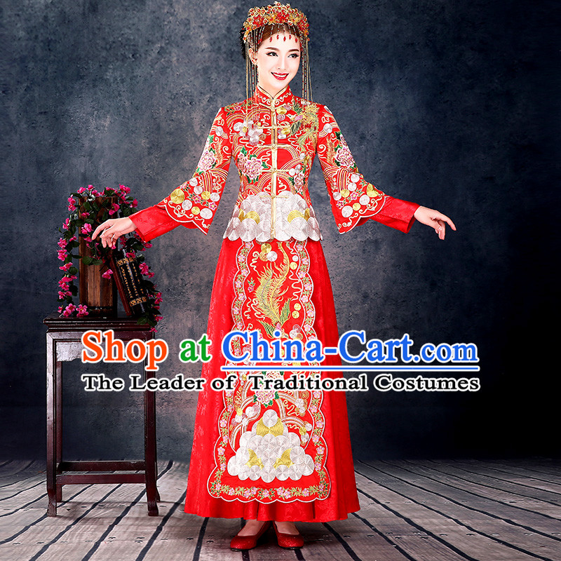 Ancient Chinese Costume, Chinese Style Wedding Dress, Red Ancient Dragon And Phoenix Flown, Bride Toast Clothing For Women