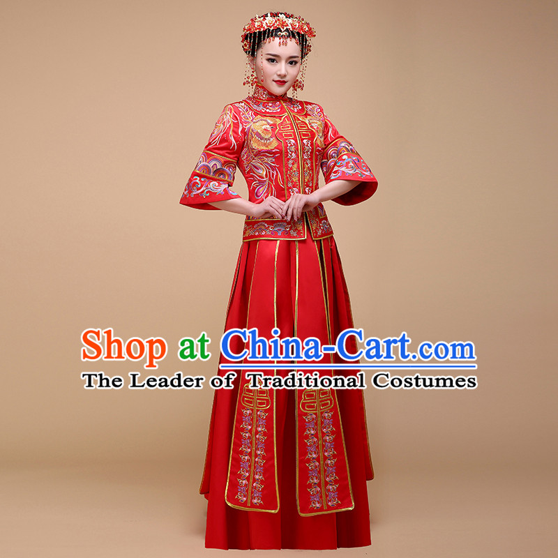 Ancient Chinese Costume, Chinese Style Wedding Dress, Red Ancient Dragon And Phoenix Flown, Bride Toast Clothing For Women