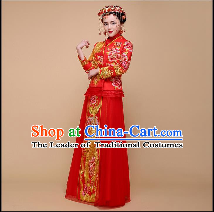 Ancient Chinese Costume Xiuhe Suits, Chinese Style Wedding Dress, Red Ancient Women Longfeng Dragon And Phoenix Flown, Bride Toast Cheongsam