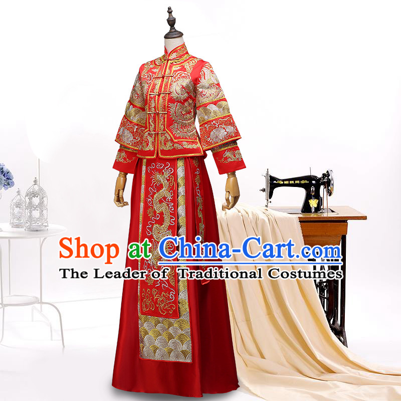 Ancient Chinese Costume Xiuhe Suits Chinese Style Wedding Dress Red Ancient Women Longfeng Dragon And Phoenix Flown Bride Toast Cheongsam