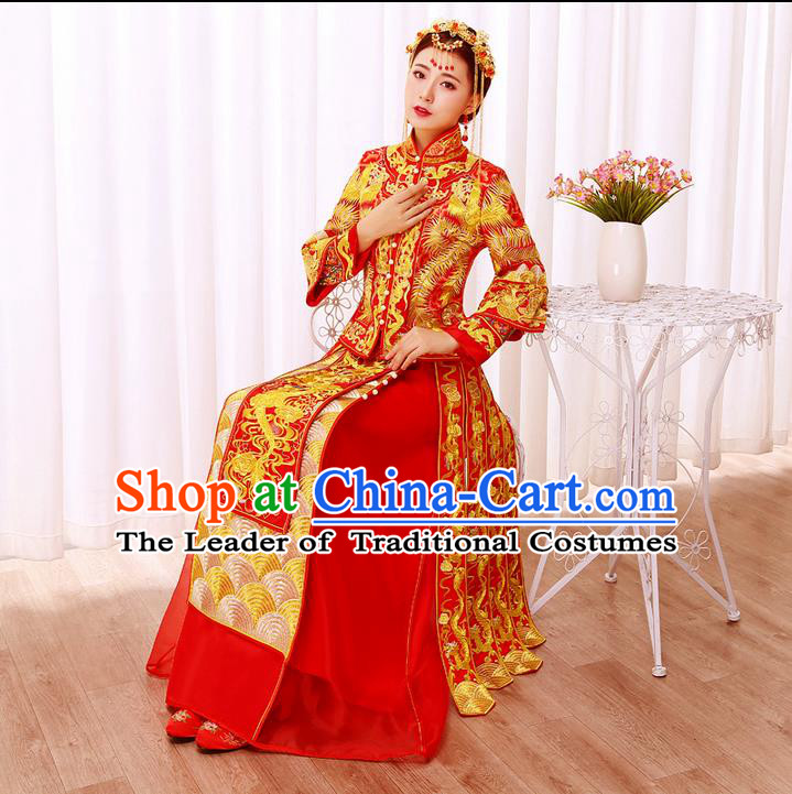 Ancient Chinese Costume, Xiuhe Suits, Traditional Wedding Dress, Red Women Longfeng Dragon And Phoenix Flown, Bride Toast Cheongsam