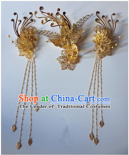 Chinese Ancient Style Hair Jewelry Accessories, Hairpins, Hanfu Xiuhe Suits Wedding Bride Headwear, Headdress, Imperial Empress Handmade Phoenix Hair Fascinators for Women