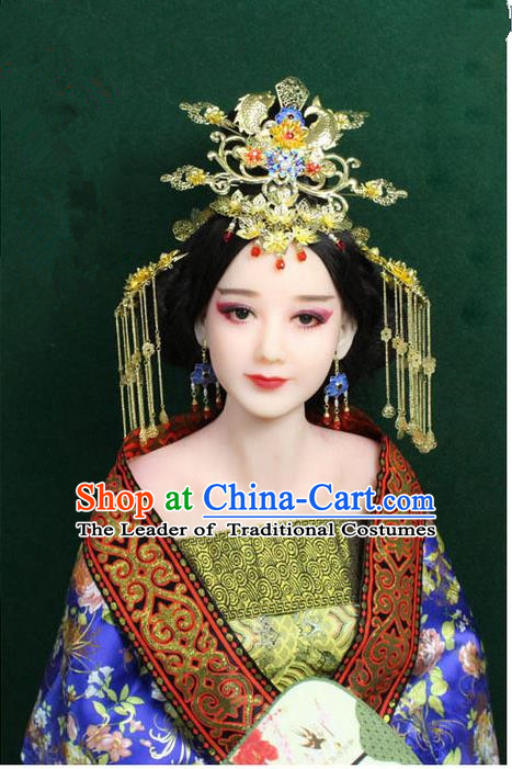Chinese Ancient Style Hair Jewelry Accessories, Hairpins, Han Dynasty Cosplay Cloisonne Blueing Princess Hanfu Xiuhe Suit Wedding Bride Phoenix Coronet, Hair Accessories for Women
