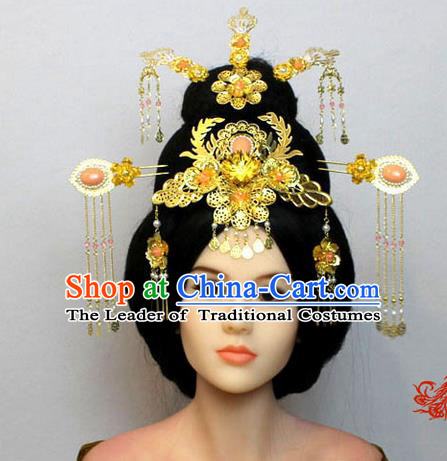 Chinese Ancient Style Hair Jewelry Accessories, Hairpins, Han Dynasty Cosplay Princess Hanfu Xiuhe Suit Wedding Bride Phoenix Coronet, Hair Accessories for Women