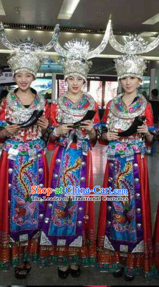 Traditional Chinese Miao Minority Clothing and Silver Hat Complete Set for Women