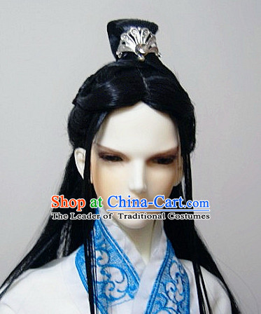 Ancient Chinese Style Prince Emperor Long Black Wigs and Coronet for Men Boys Adults Kids