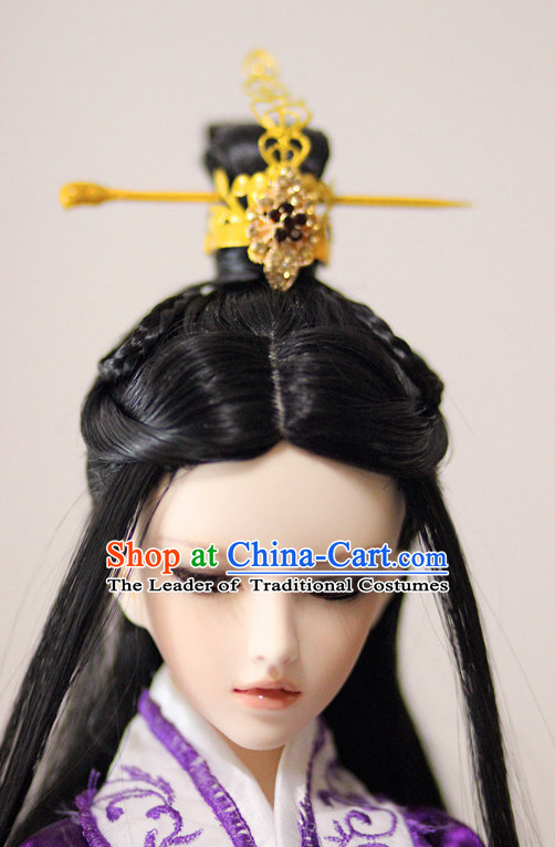 Ancient Chinese Style Prince Emperor Long Black Wigs and Accessories for Men Boys Adults Kids