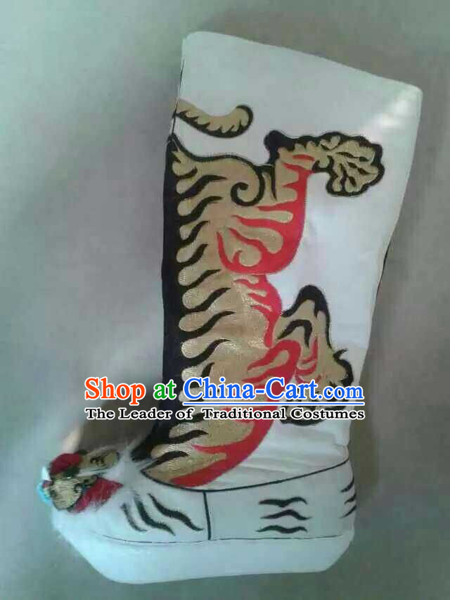 Traditional Chinese Ancient White Embroidered Tiger Boots for Men