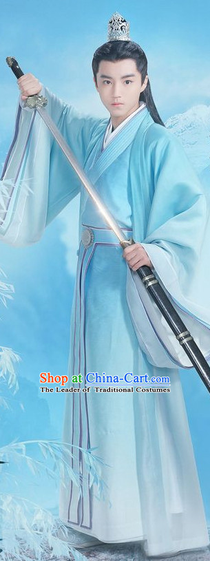 Ancient Chinese Swordsman Knight Costumes and Hair Jewelry Complete Set for Youth Boys