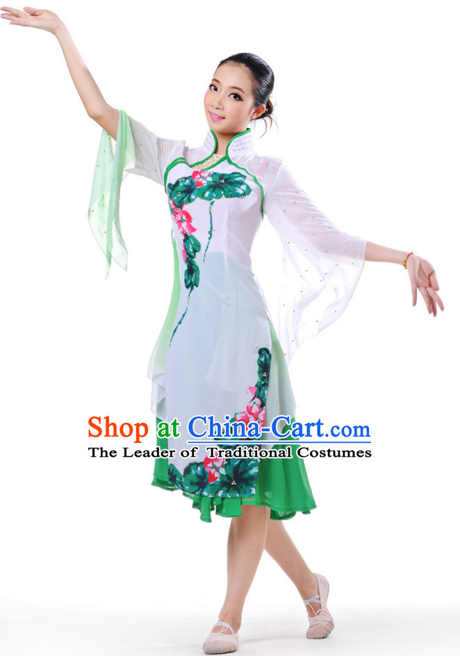 Chinese Classical Fan Group Dance Costume and Headdress Complete Set for Women