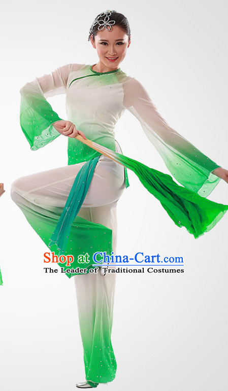 Chinese Traditional Fan Group Dancing Costumes and Headdress Complete Set for Women