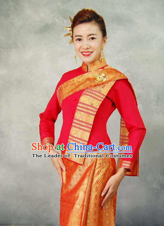 Red Traditional National Thai Dress Thai Traditional Dress Dresses Wedding Dress online for Sale Thai Clothing Thailand Clothes Complete Set for Women Girls Adults Youth Kids