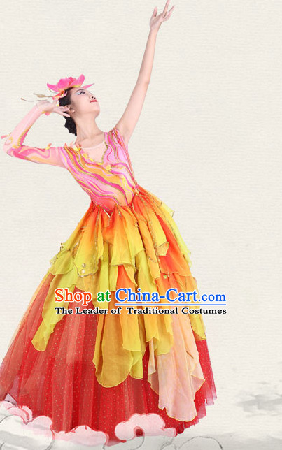 Chinese Traditional Classical Opening Ceremony Dance Costumes Dancewear and Headpieces Complete Set for Women