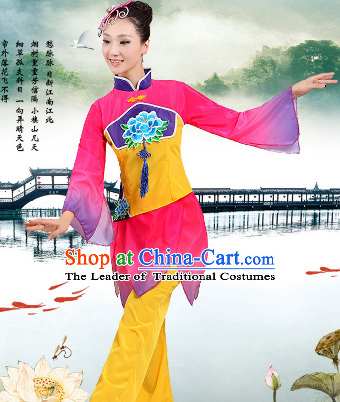 Chinese Traditional Fan Team Dancing Costumes and Headpieces Complete Set for Women