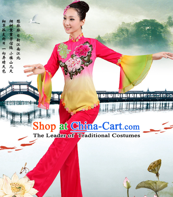 Chinese Traditional Team Fan Dancing Costumes Dancewear and Headpieces Complete Set for Women