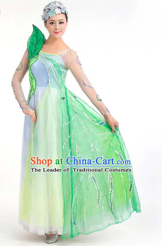 Traditional Chinese Green Leaf Spring Dance Costumes Custom Dance Costume Folk Dance Chinese Dress Cultural Dances and Headdress Complete Set