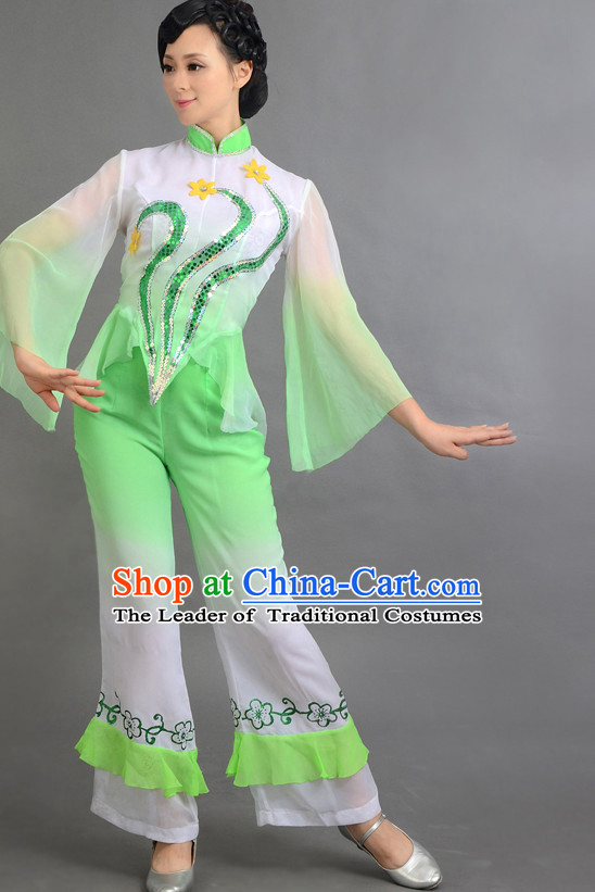 Traditional Chinese Fan Dance Costumes Custom Dance Costume Folk Dancing Chinese Dress Cultural Dances and Headdress Complete Set