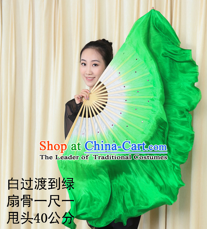 Professional Traditional Two Colors White to Green Color Transition Pure Silk Dance Fan