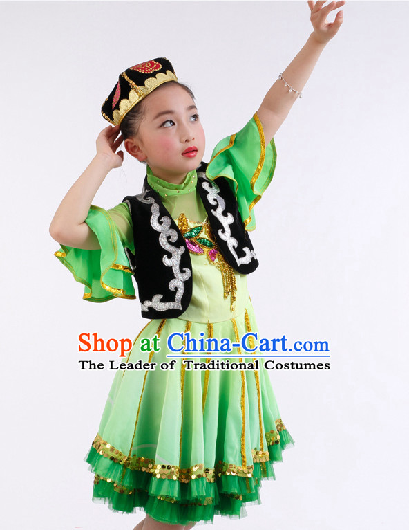 Chinese Competition Xinjiang Dance Costumes Kids Dance Costumes Folk Dances Ethnic Dance Fan Dance Dancing Dancewear for Children