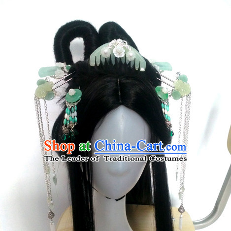 Traditional Chinese Princess Long Black Wigs and Hairpieces Headpieces Hair Jewelry Set