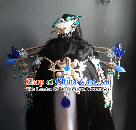 Traditional Chinese Princess Long Black Wigs and Hairpieces Headpieces Hair Jewelry Set