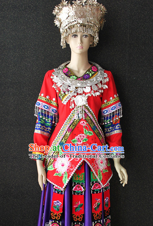 Chinese Folk Miao Ehtnic Clothing and Silver Hat Complete Set for Women