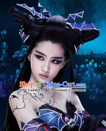 Ancient Chinese Fairy Black Long Wigs and Hair Jewelry Hairpieces