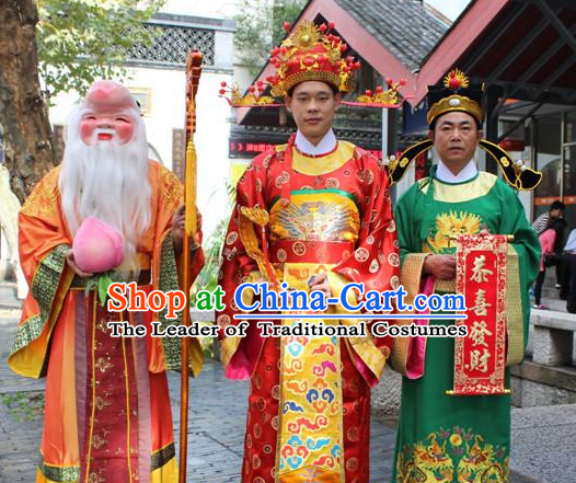 Asian Chinese Legend Fu Lu Shou Long Dresses Hanfu Costume Clothing Chinese Robe Chinese Kimono and Hat Complete Set for Men