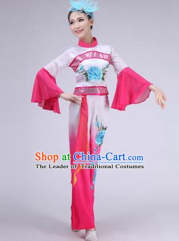 Asian Chinese Fan Dance Costume Clothing Oriental Dress and Hair Accessories Complete Set for Women Girls Adults Children