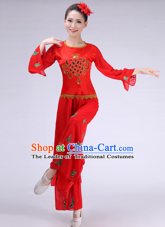 Asian Chinese Fan Dance Costume Clothing Oriental Dress and Hair Accessories Complete Set for Women Girls Adults Children